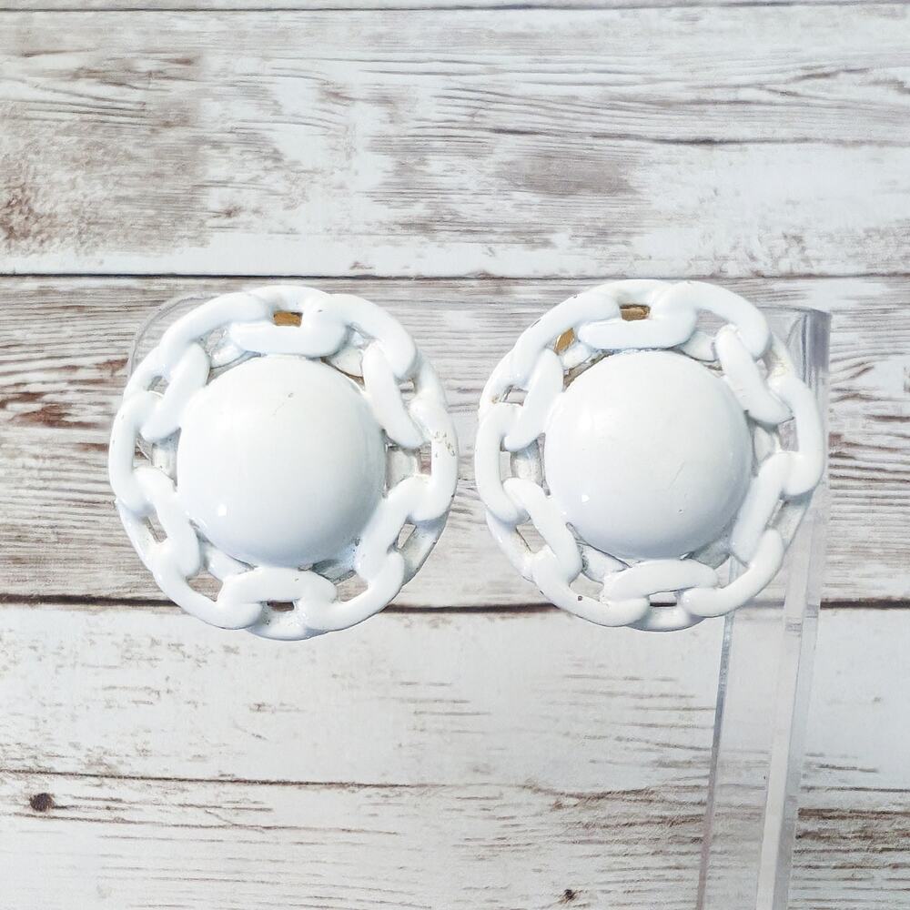Vintage Clip On Earrings Large White with Chain Like Halo